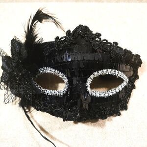 Venetian Masquerade Black Sequin Feather Mask  #9